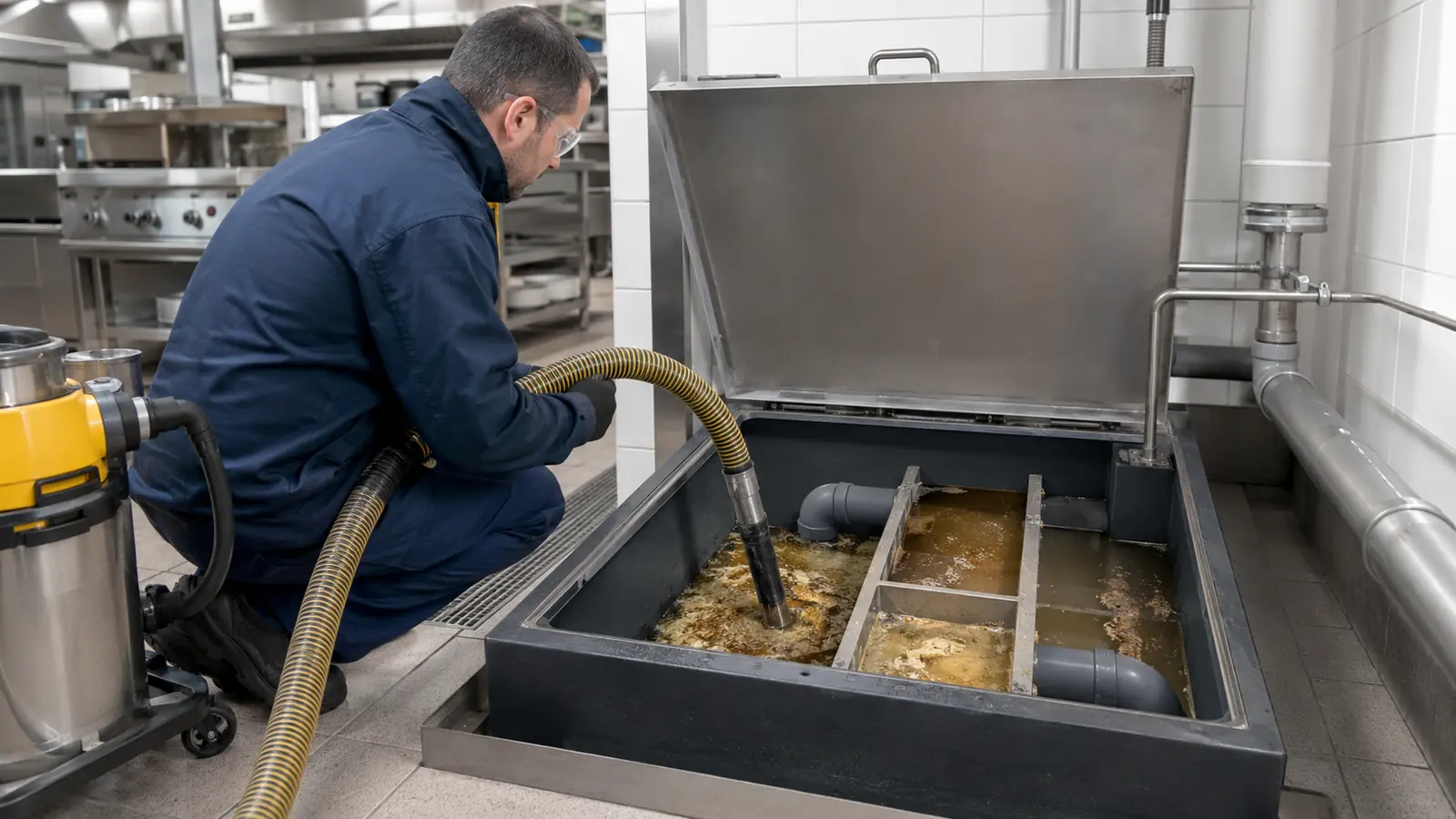 Técnico aspirando grasa y lodos de un separador en una cocina profesional.