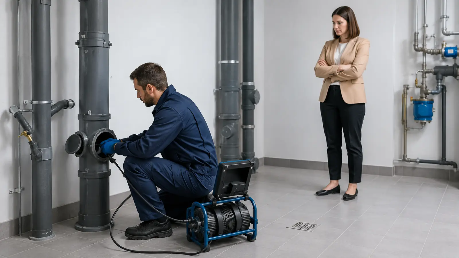 Técnico inspeccionando una bajante comunitaria desde un registro accesible